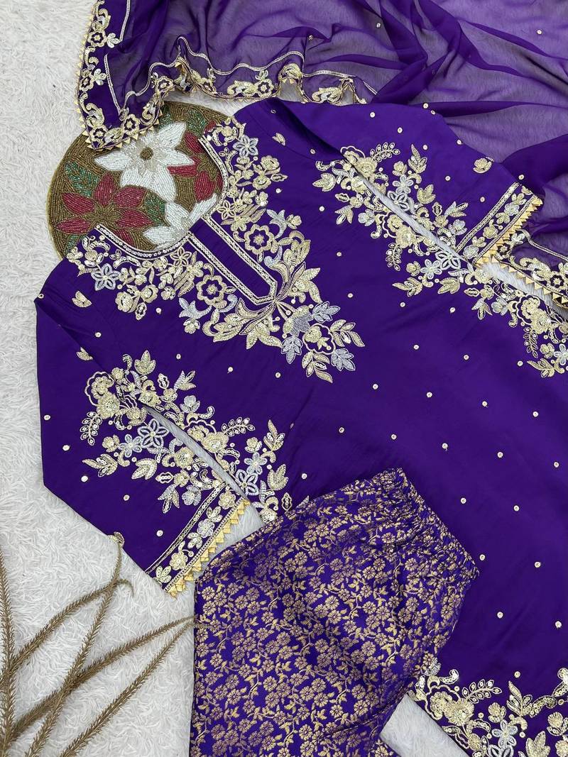 purple color embroidery and sequin work with lace border cotton kurti palazzo set