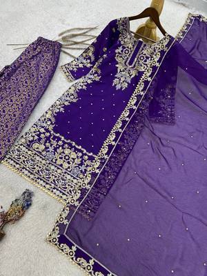 purple color embroidery and sequin work with lace border cotton kurti palazzo set 3