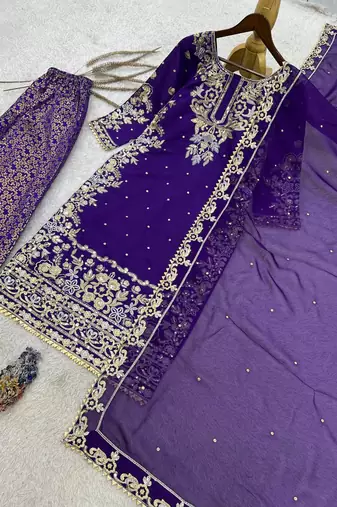 purple color embroidery and sequin work with lace border cotton kurti palazzo set