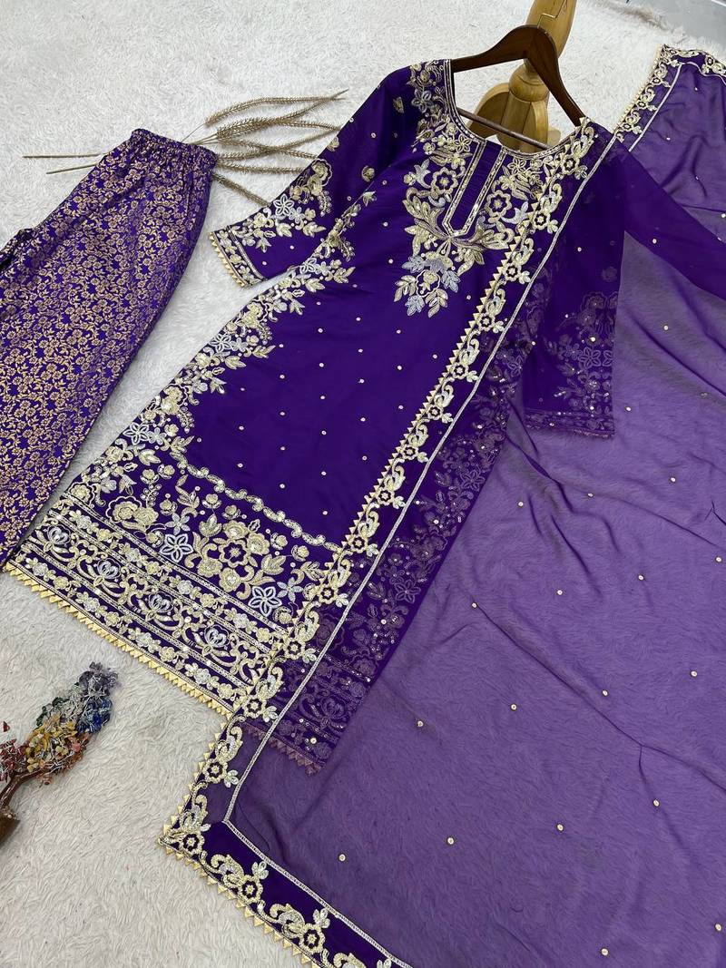 purple color embroidery and sequin work with lace border cotton kurti palazzo set