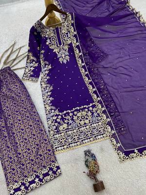 purple color embroidery and sequin work with lace border cotton kurti palazzo set 4