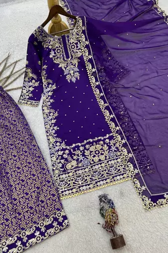 purple color embroidery and sequin work with lace border cotton kurti palazzo set