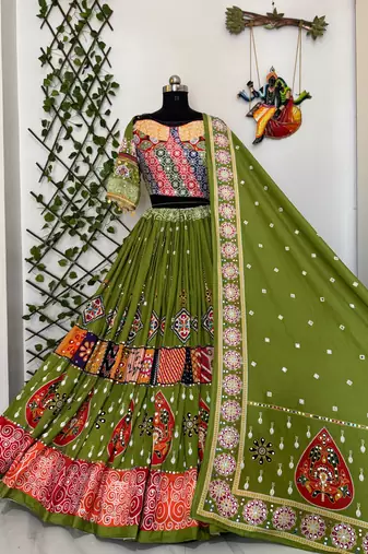 Green Cotton Navratri Lehenga Choli With Dupatta