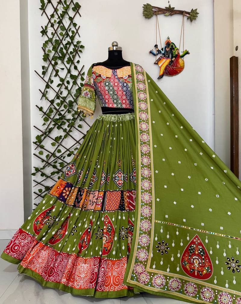 Green Cotton Navratri Lehenga Choli With Dupatta