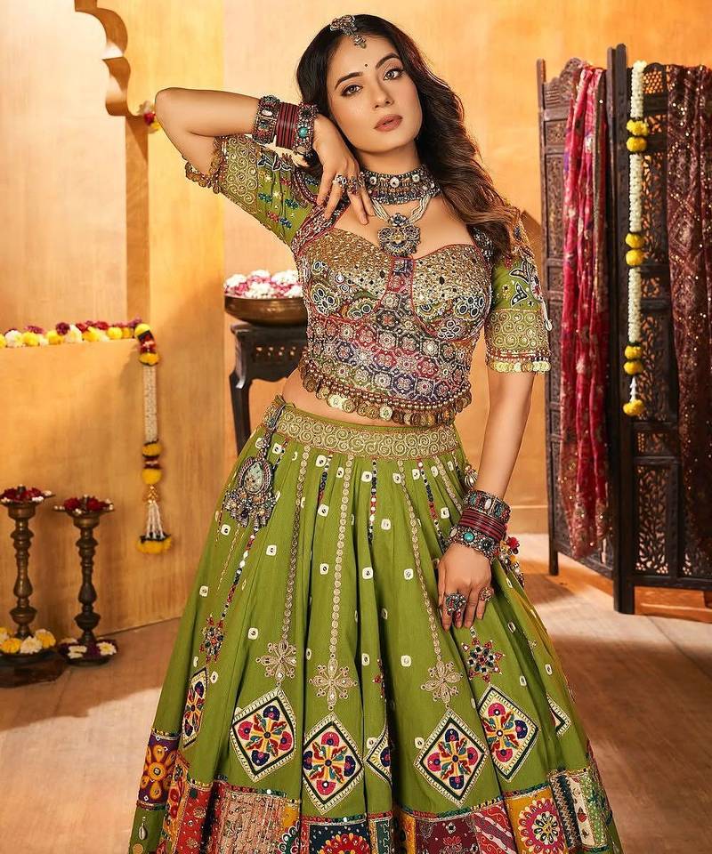 Green Cotton Navratri Lehenga Choli With Dupatta