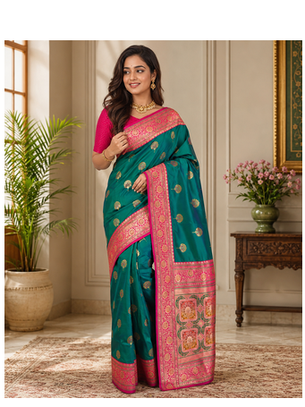 green color intricate color thread weaving design rich weaving pallu benarasi silk blend sarees 1