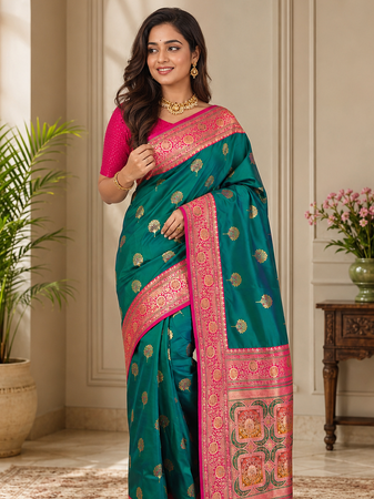 green color intricate color thread weaving design rich weaving pallu benarasi silk blend sarees