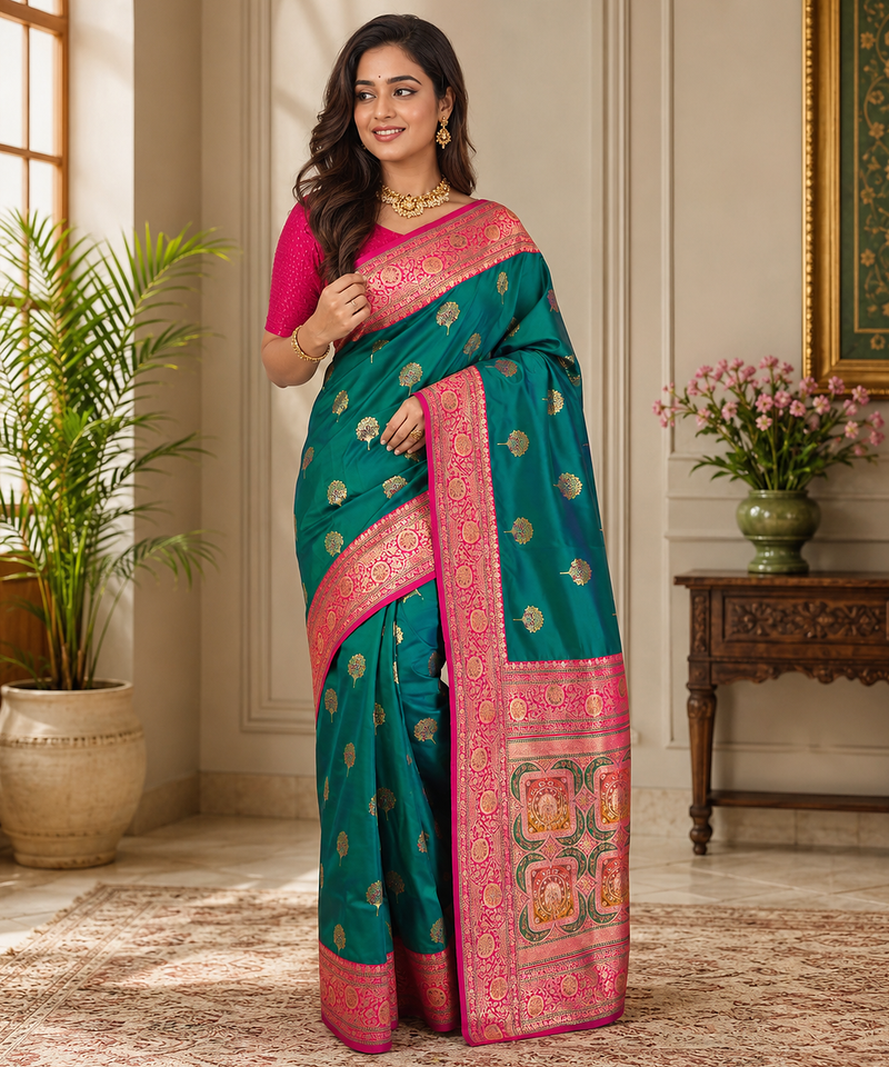 green color intricate color thread weaving design rich weaving pallu benarasi silk blend sarees