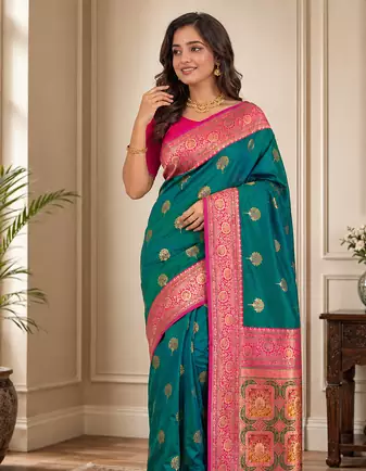 green color intricate color thread weaving design rich weaving pallu benarasi silk blend sarees