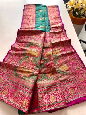 green color intricate color thread weaving design rich weaving pallu benarasi silk blend sarees 3
