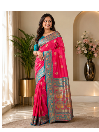 rani pink color intricate color thread weaving design rich weaving pallu benarasi silk blend sarees 1