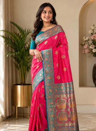 rani pink color intricate color thread weaving design rich weaving pallu benarasi silk blend sarees