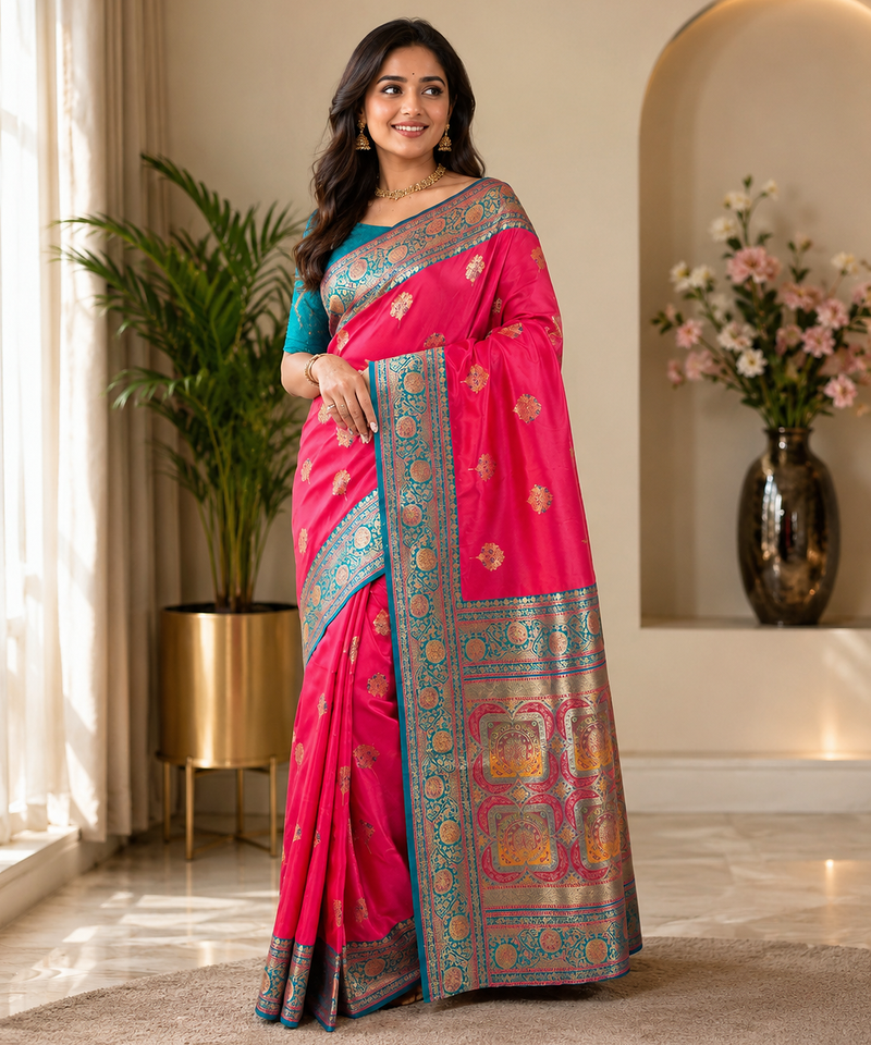 rani pink color intricate color thread weaving design rich weaving pallu benarasi silk blend sarees