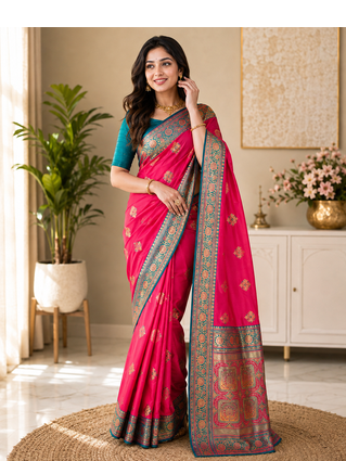 rani pink color intricate color thread weaving design rich weaving pallu benarasi silk blend sarees 2