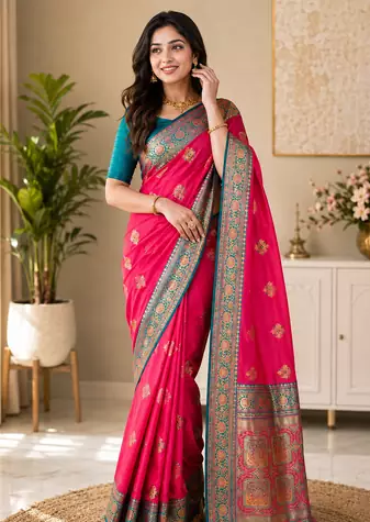 rani pink color intricate color thread weaving design rich weaving pallu benarasi silk blend sarees