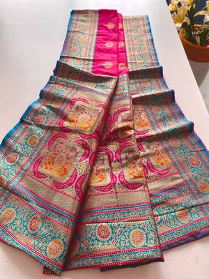 rani pink color intricate color thread weaving design rich weaving pallu benarasi silk blend sarees 3