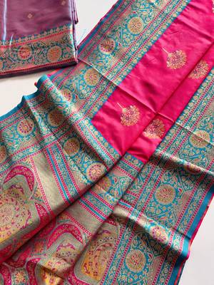rani pink color intricate color thread weaving design rich weaving pallu benarasi silk blend sarees 4