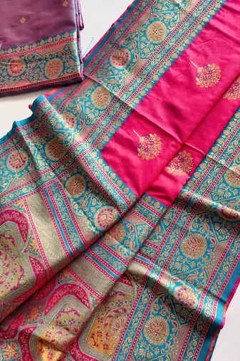 rani pink color intricate color thread weaving design rich weaving pallu benarasi silk blend sarees