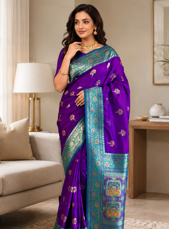 violet color intricate color thread weaving design rich weaving pallu benarasi silk blend sarees