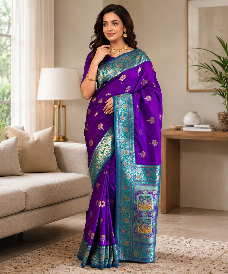 violet color intricate color thread weaving design rich weaving pallu benarasi silk blend sarees
