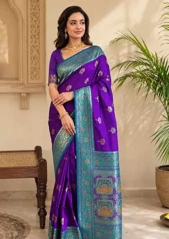 violet color intricate color thread weaving design rich weaving pallu benarasi silk blend sarees
