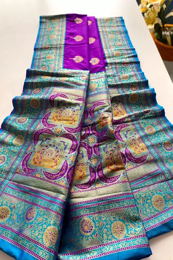 violet color intricate color thread weaving design rich weaving pallu benarasi silk blend sarees