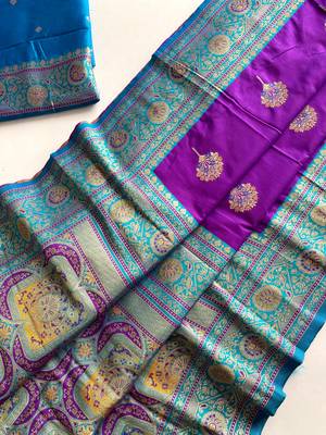 violet color intricate color thread weaving design rich weaving pallu benarasi silk blend sarees 4