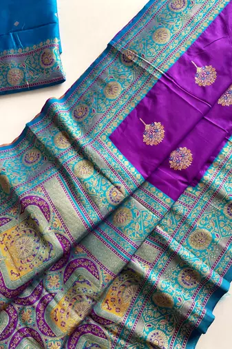 violet color intricate color thread weaving design rich weaving pallu benarasi silk blend sarees