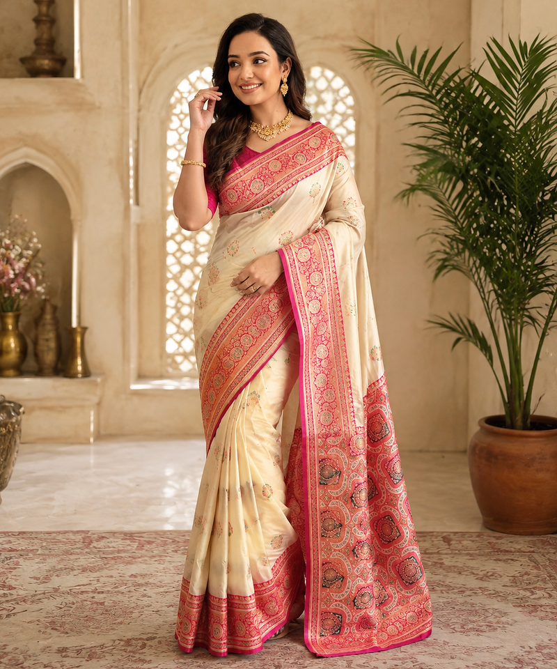 white color intricate color thread weaving design rich weaving pallu benarasi silk blend sarees