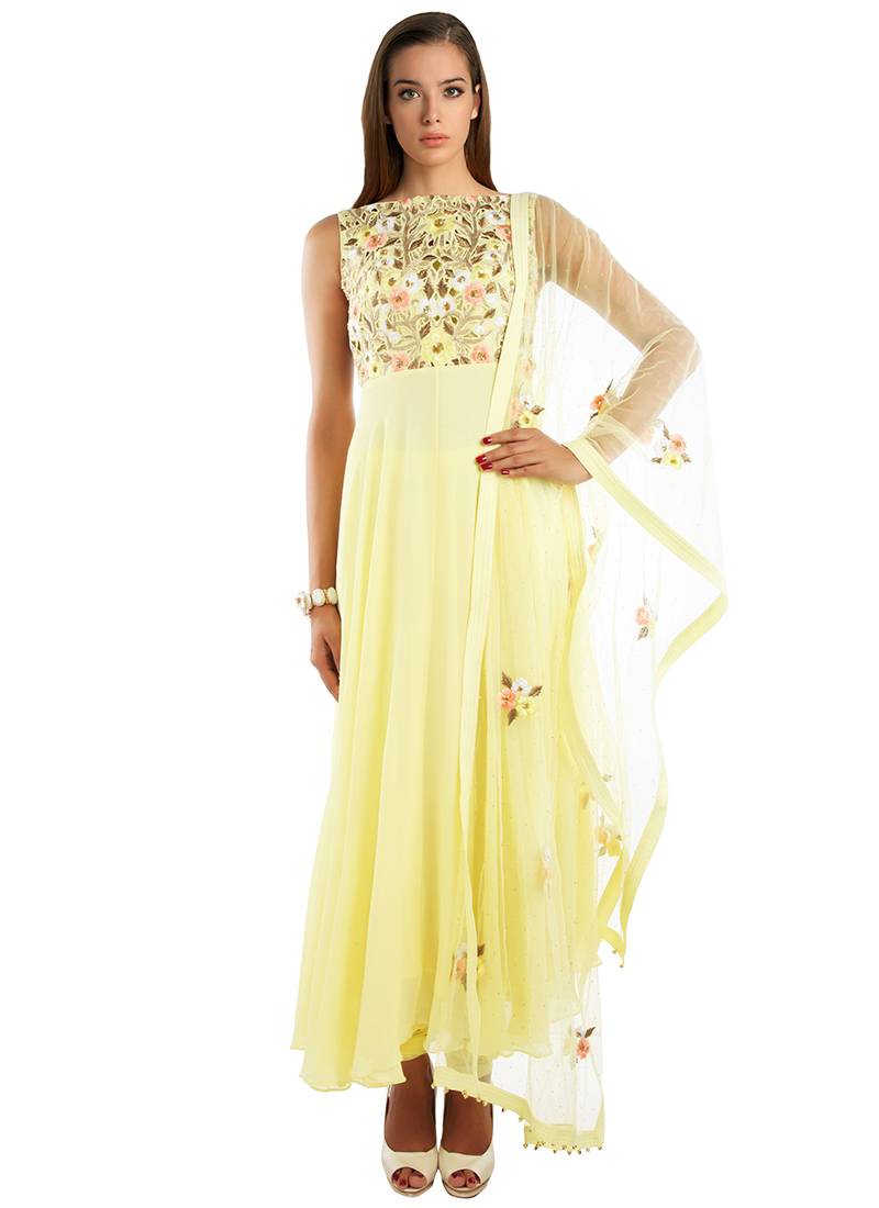 Lemon-Yellow Color georgette semi-anarkali suit wirh net dupatta an dthread work on bodice