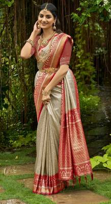 Cream Red embroidered kanchipuram silk blend Saree with blouse  1