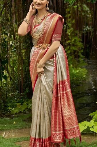 Cream Red embroidered kanchipuram silk blend Saree with blouse 