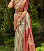 Cream Red embroidered kanchipuram silk blend Saree with blouse 