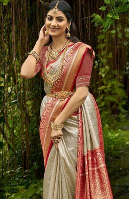 Cream Red embroidered kanchipuram silk blend Saree with blouse  2