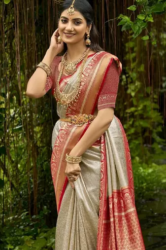 Cream Red embroidered kanchipuram silk blend Saree with blouse 