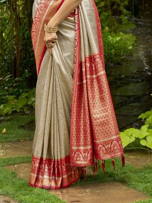 Cream Red embroidered kanchipuram silk blend Saree with blouse  3