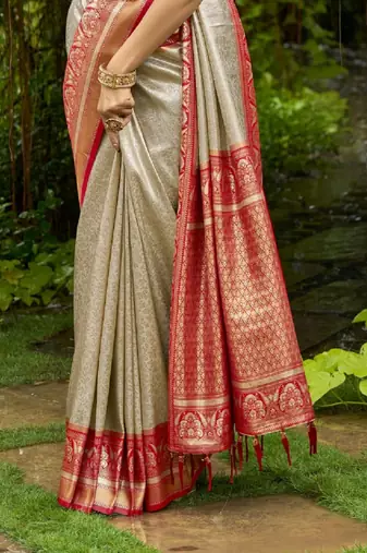 Cream Red embroidered kanchipuram silk blend Saree with blouse 