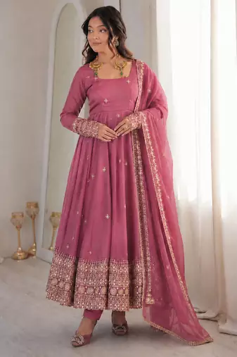 Onion pink rangoli silk embroidered with sequence anarkali suit