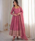 Onion pink rangoli silk embroidered with sequence anarkali suit