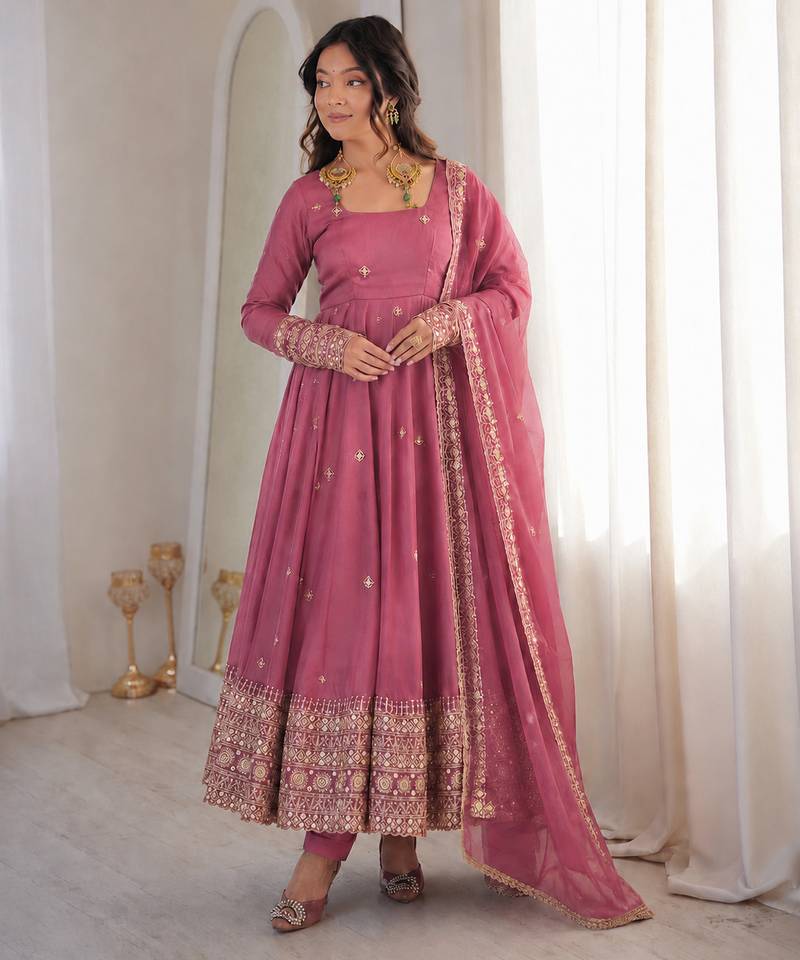 Onion pink rangoli silk embroidered with sequence anarkali suit
