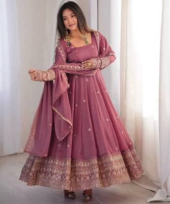 onion pink color embroidery and sequin work silk blend gown set 1