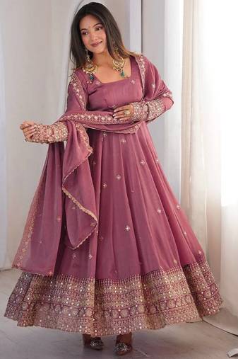 onion pink embroidery and sequin work silk blend gown set