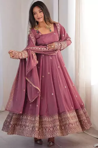 onion pink color embroidery and sequin work silk blend gown set