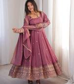 onion pink color embroidery and sequin work silk blend gown set