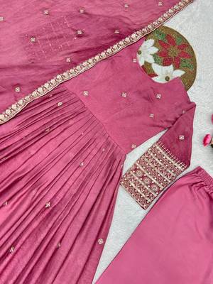 onion pink color embroidery and sequin work silk blend gown set 2