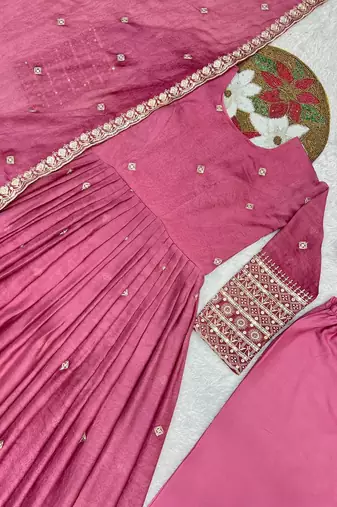 onion pink color embroidery and sequin work silk blend gown set