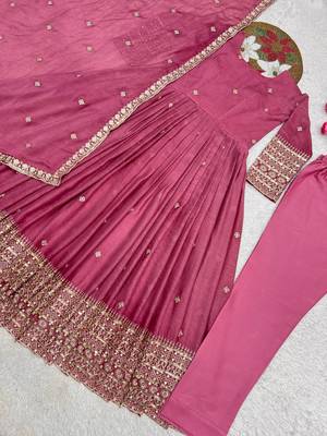 onion pink color embroidery and sequin work silk blend gown set 3