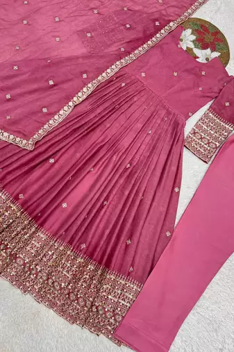 onion pink color embroidery and sequin work silk blend gown set