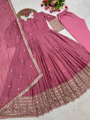 onion pink color embroidery and sequin work silk blend gown set 4