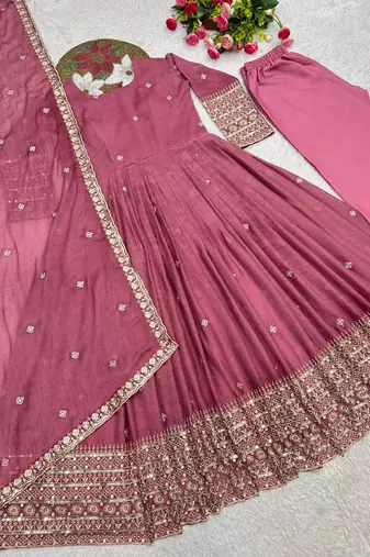 onion pink color embroidery and sequin work silk blend gown set